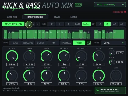 Kick & Bass Auto Mix Bass Textures tab: wavetable layers that follow the bass notes