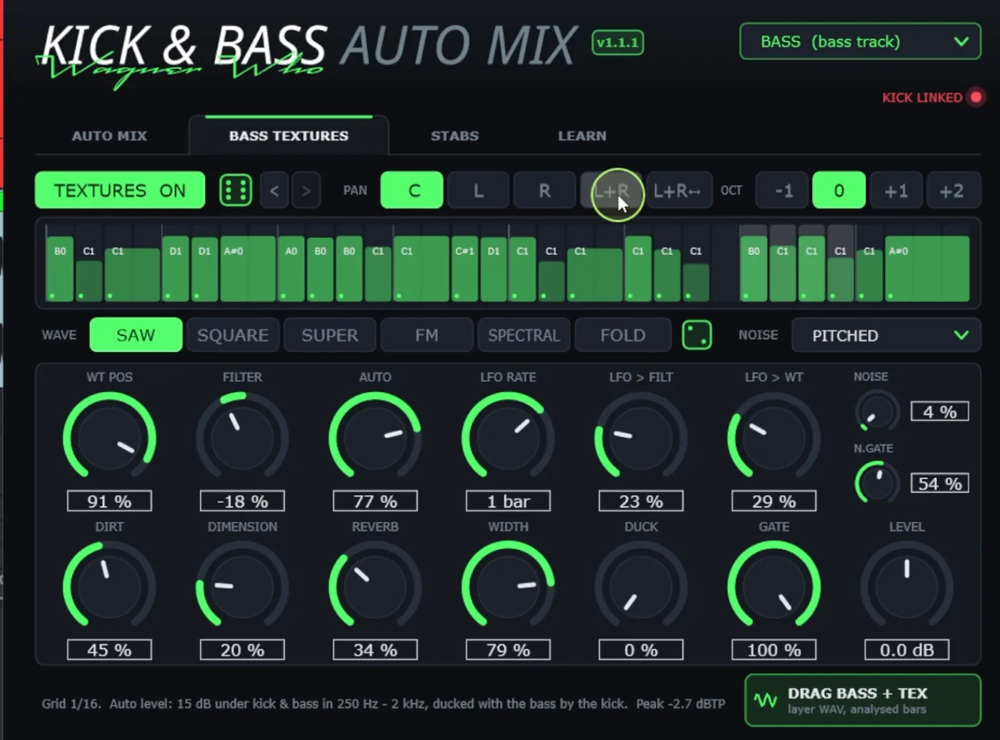 A aba BASS TEXTURES do Kick & Bass Auto Mix: as notas do baixo por passo, a escolha da onda e os knobs de som