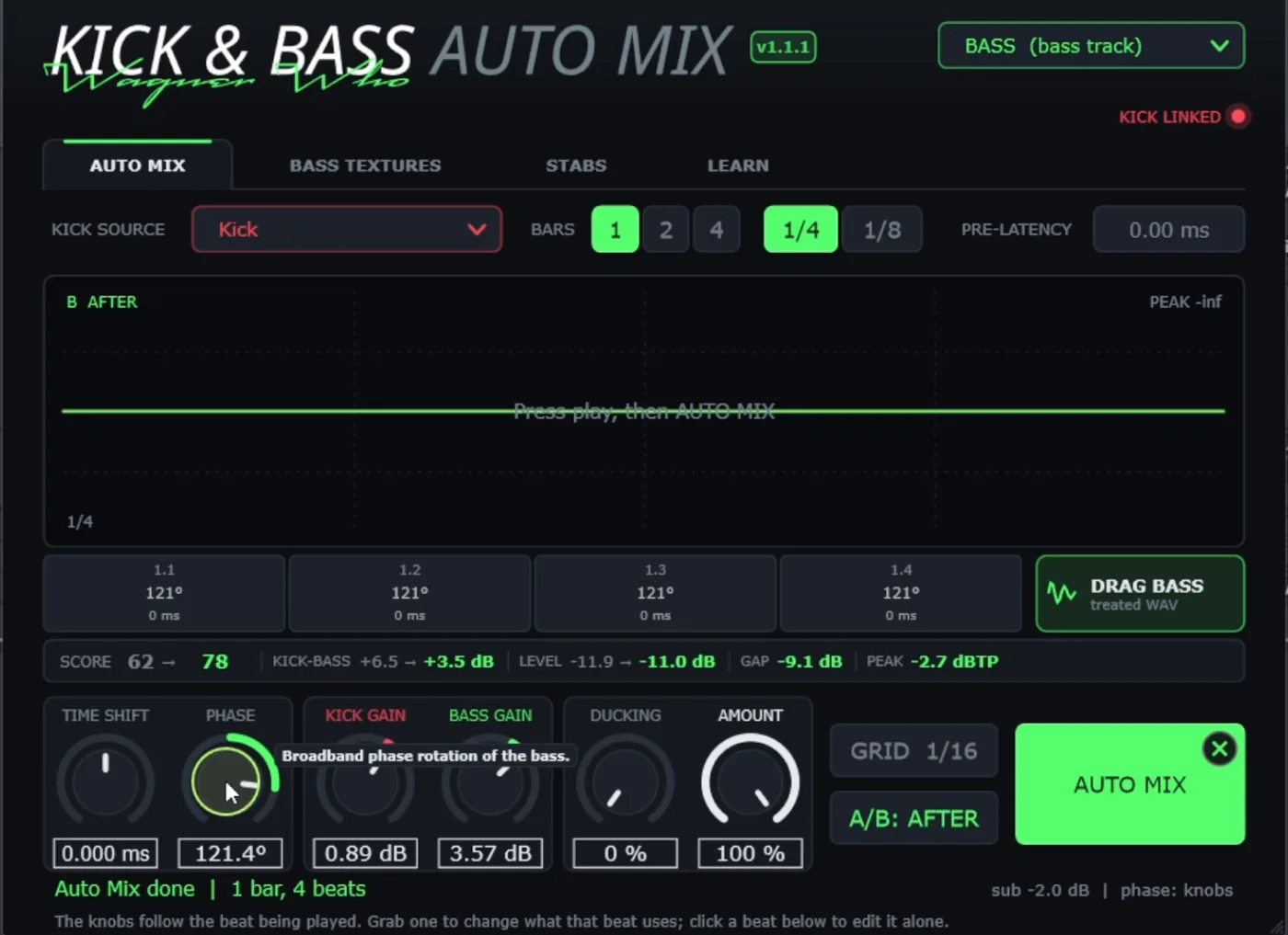 Kick & Bass Auto Mix readout on a rolling psytrance loop at 142 BPM: four beat cells at 121 degrees and 0 ms, SCORE 62 to 78