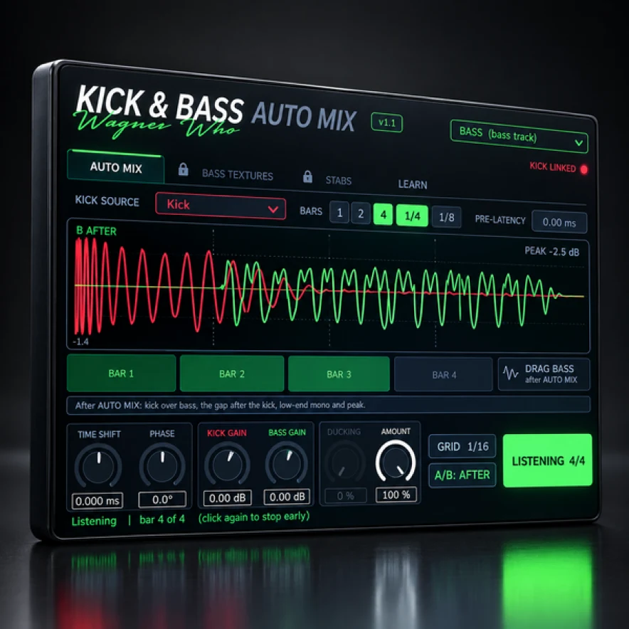 Kick & Bass Auto Mix VST3/AU plugin interface