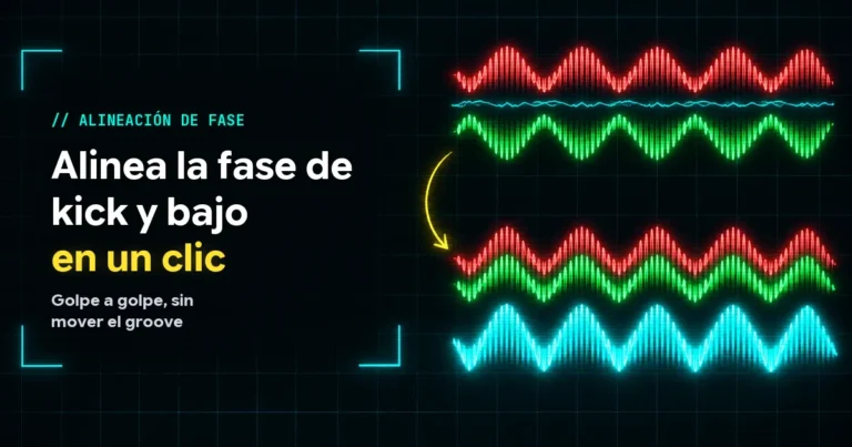 Alinear la fase de kick y bajo en un clic: ondas fuera de fase rotadas hasta quedar en fase