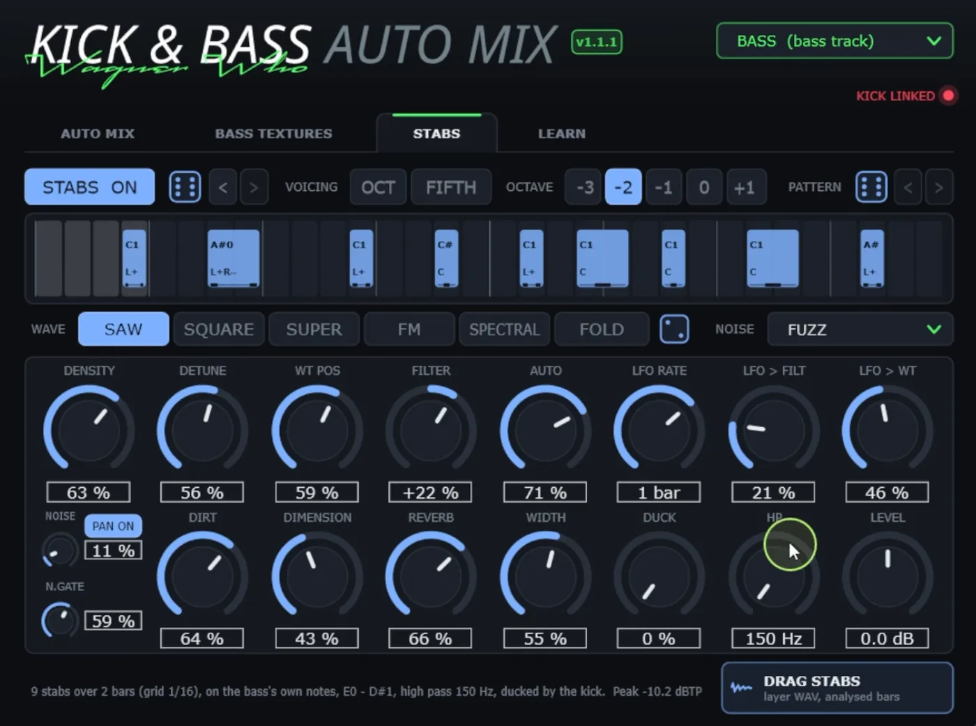 A aba STABS do Kick & Bass Auto Mix: o padrão dos stabs, voicing, oitava e knobs de som